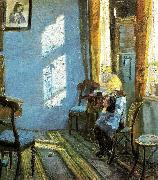Anna Ancher solskin i den bla stue, helga ancher hakler ibedstemoderens stue Sweden oil painting artist